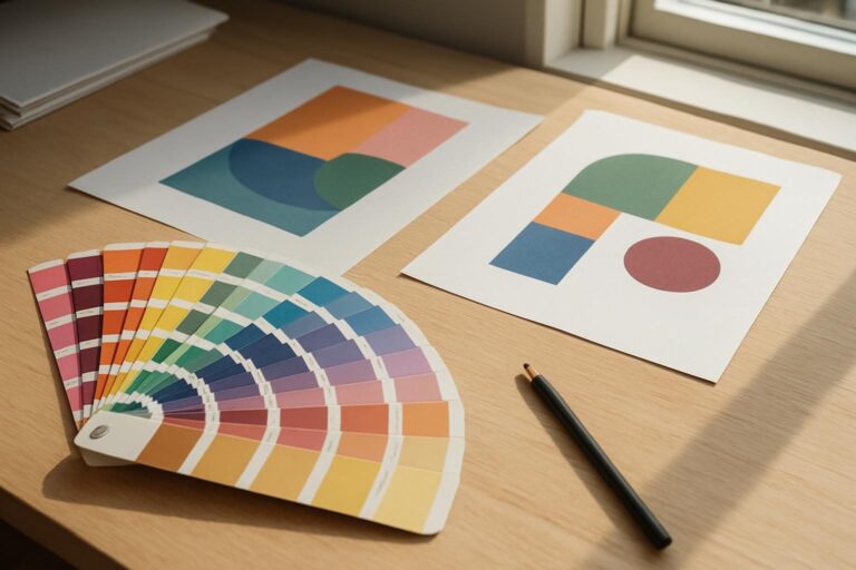 Mesa de designer com leque de amostras de cores e esboços abstratos para escolher a paleta de um logotipo