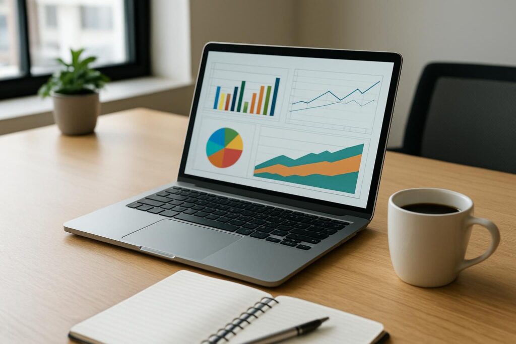 Notebook com painel de gráficos de campanhas de anúncios sobre mesa de trabalho
