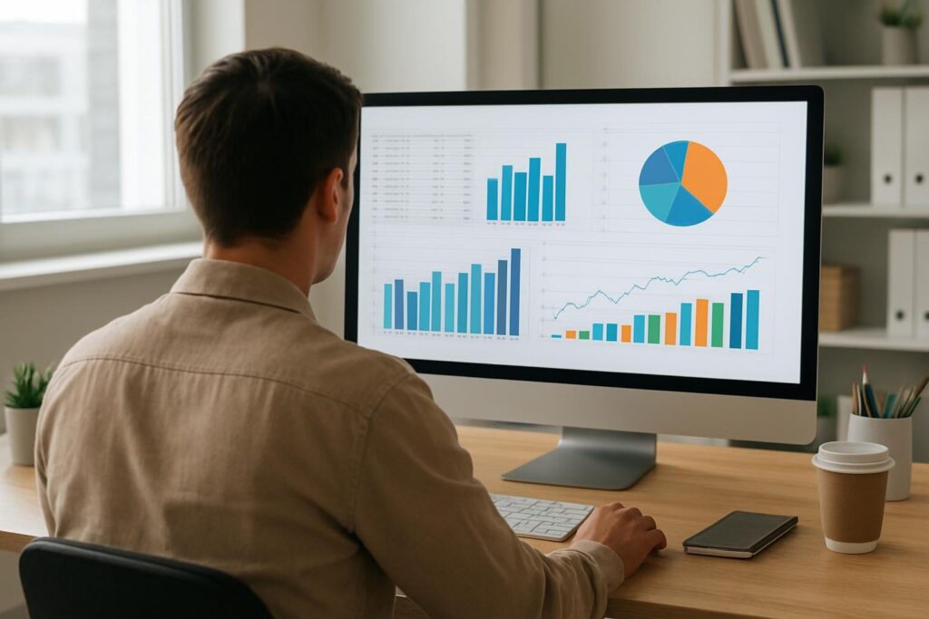 Profissional analisando gráficos de resultados de anúncios em monitor no escritório